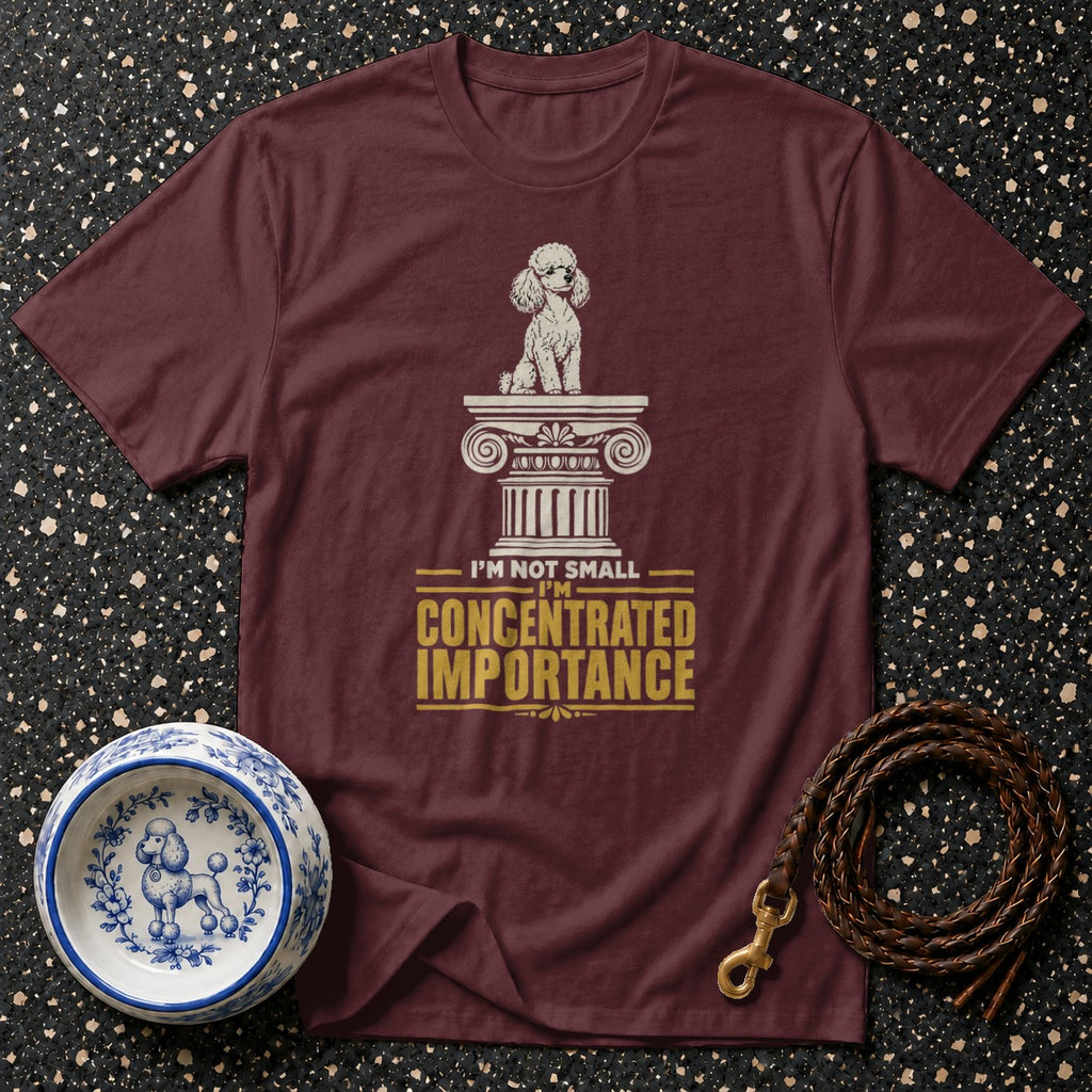 Maroon t-shirt with poodle graphic and "I'm Not Small, I'm Concentrated Importance" text.