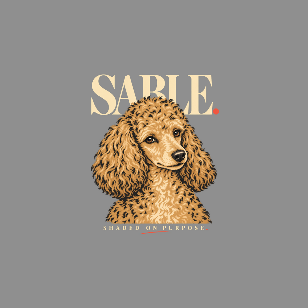 Illustration of a tan poodle with text "SABLE" and "SHADED ON PURPOSE".