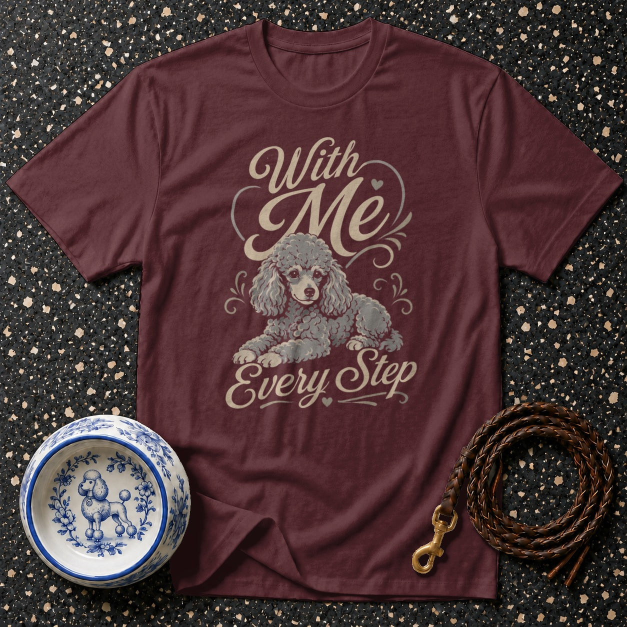 Maroon t-shirt with a poodle graphic and "With Me Every Step" text.