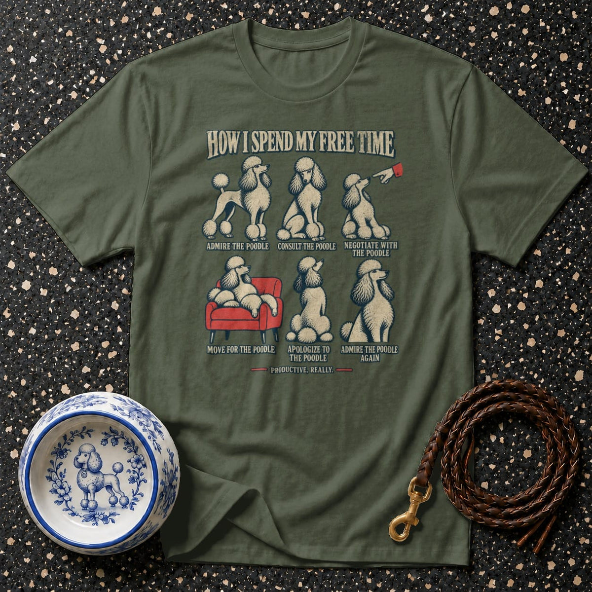Green t-shirt with cartoon poodles illustrating "How I Spend My Free Time."