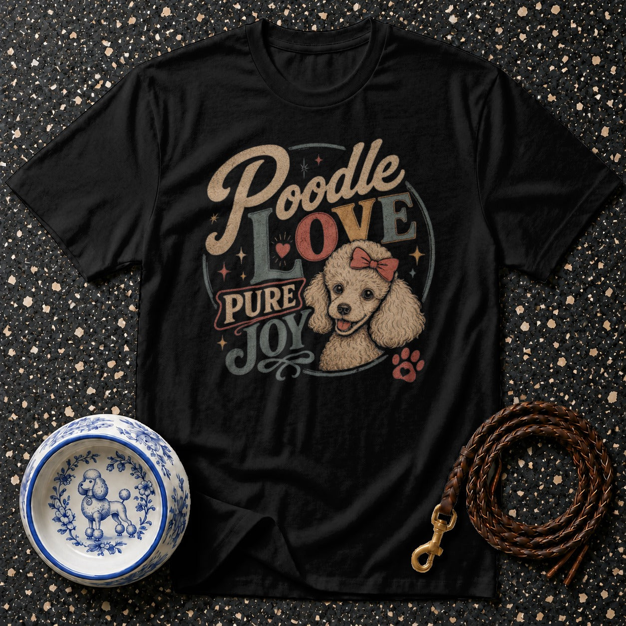 Black t-shirt with "Poodle Love Pure Joy" graphic and a poodle wearing a pink bow.