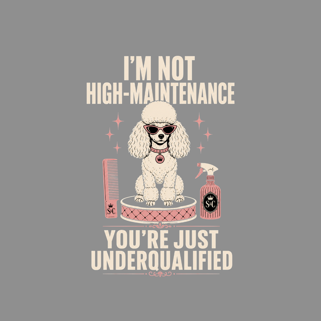 White poodle wearing sunglasses sits between grooming tools and text.