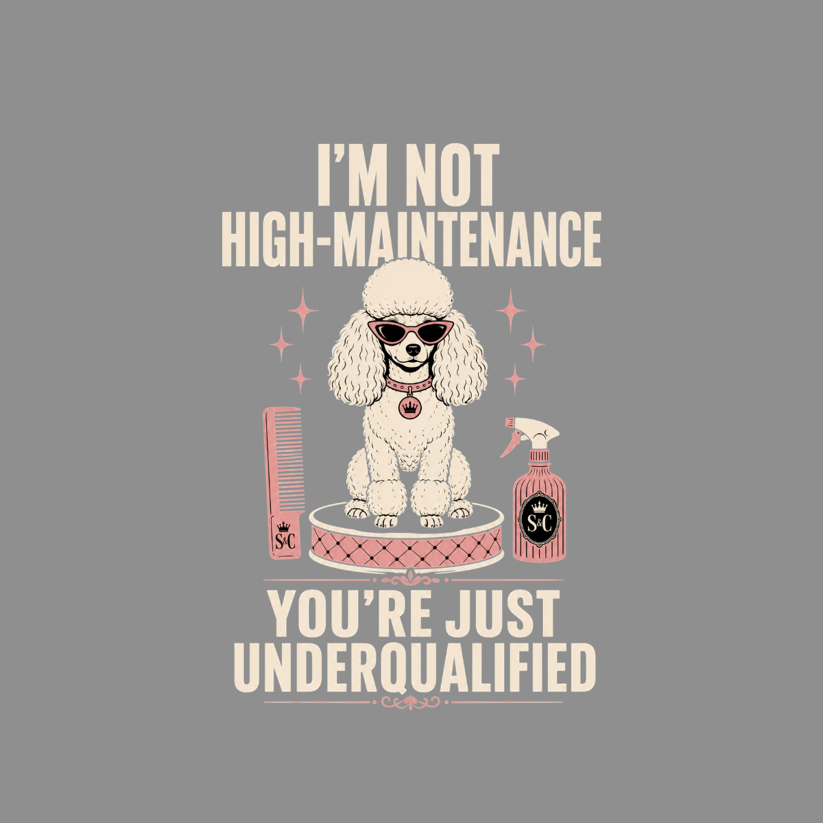 White poodle wearing sunglasses sits between grooming tools and text.