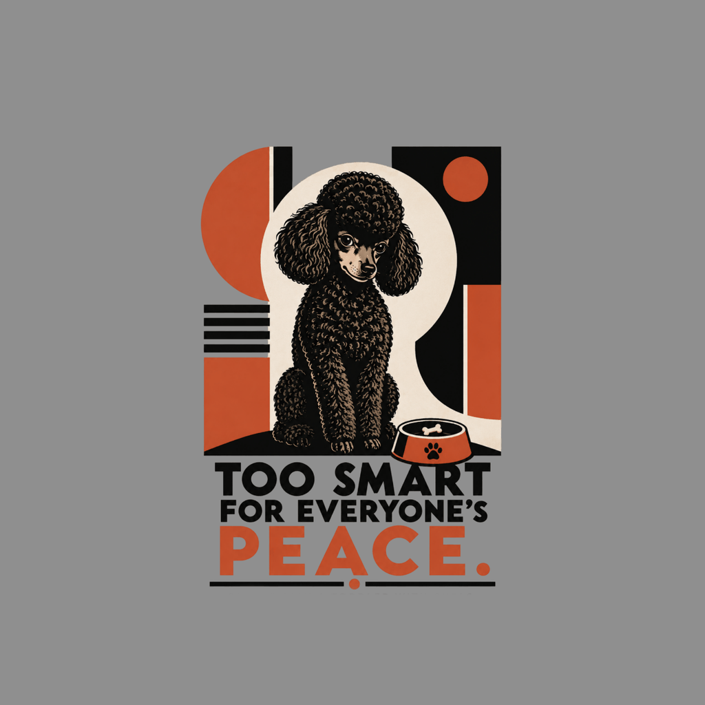 Black poodle sits near bowl with text "TOO SMART FOR EVERYONE'S PEACE."
