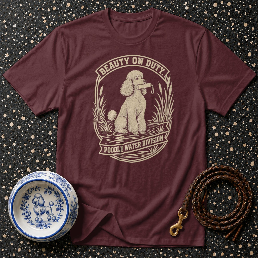 Maroon t-shirt with poodle and "Poodle Water Division" text design.