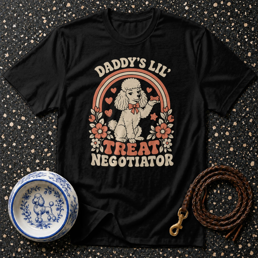 Black t-shirt with poodle graphic and text "DADDY'S LIL' TREAT NEGOTIATOR".