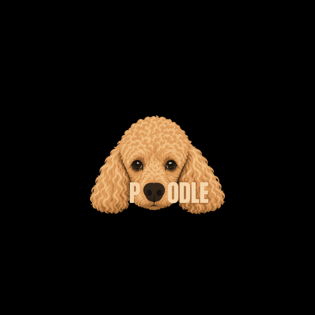 Light brown poodle face with "POODLE" text across its nose.