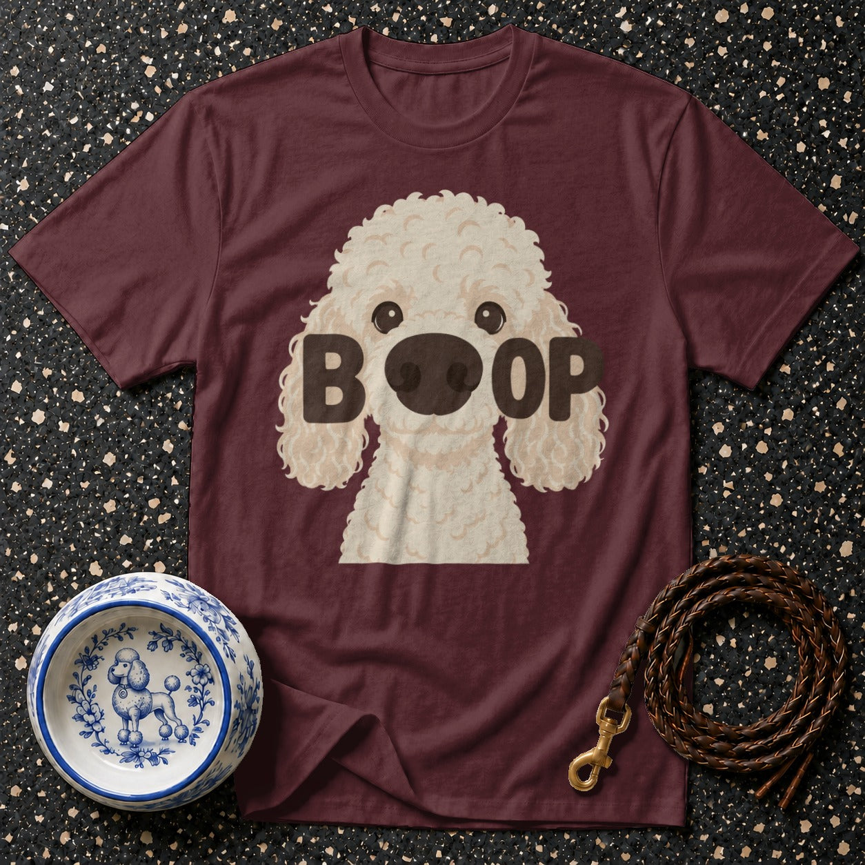 Burgundy t-shirt with cream poodle graphic and "BOOP" text.
