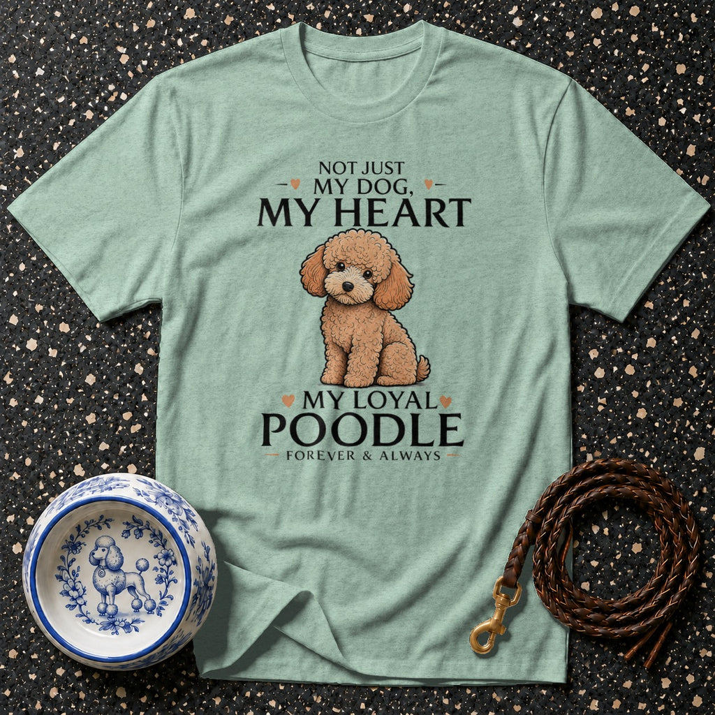 Light green t-shirt with text and poodle illustration, dog bowl, and leash.
