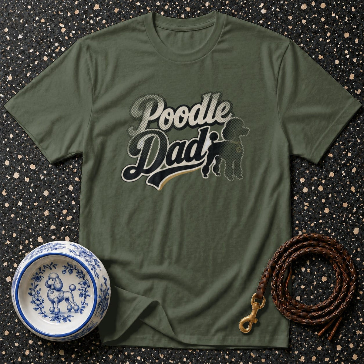 Olive green t-shirt with "Poodle Dad" text and poodle silhouette.