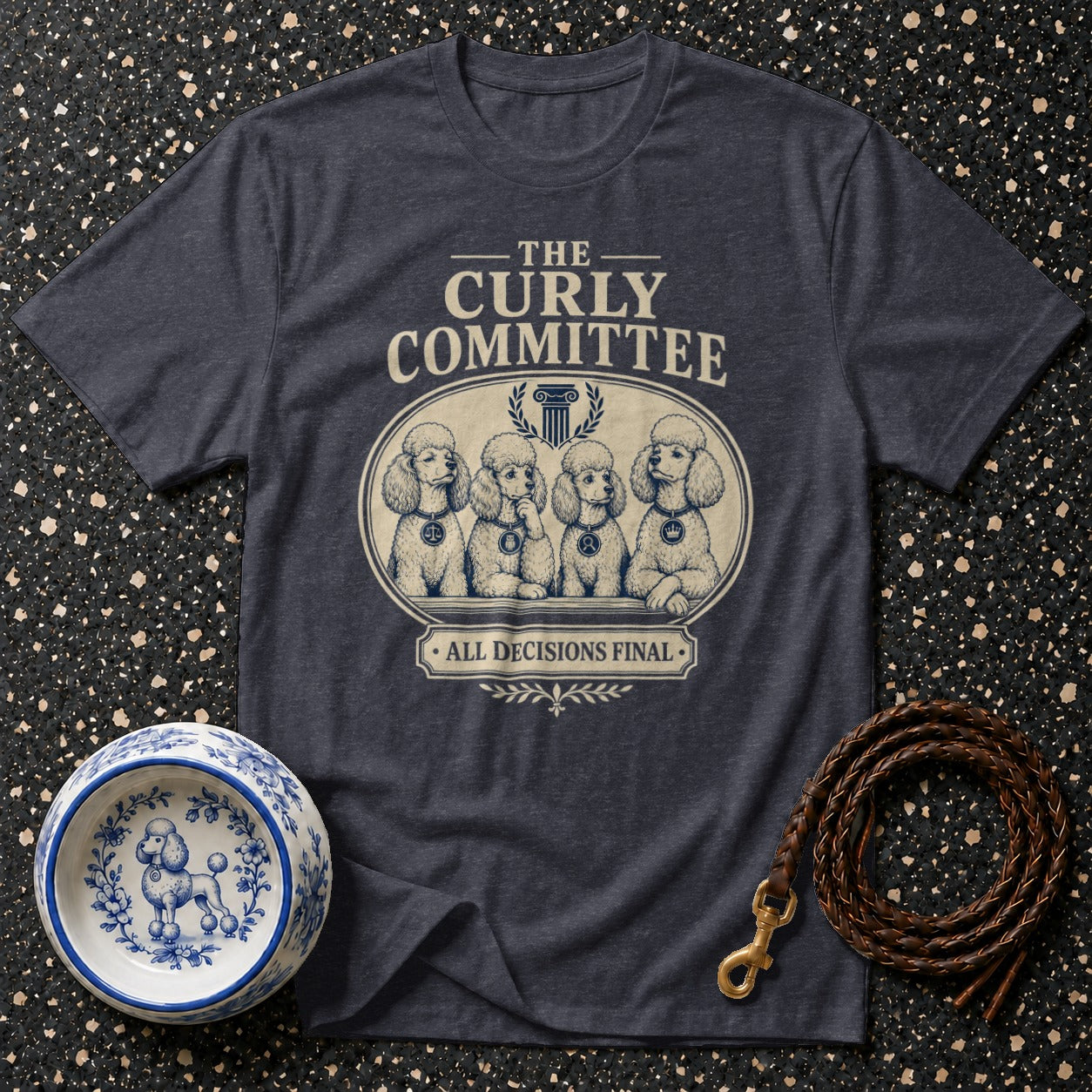 Dark grey t-shirt with "The Curly Committee" and four poodles.