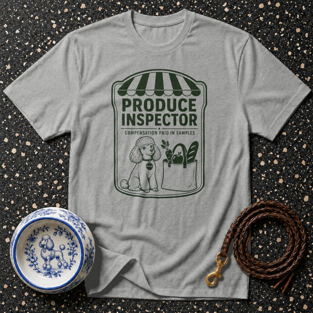 Grey t-shirt with a green graphic of a poodle and produce titled "PRODUCE INSPECTOR".