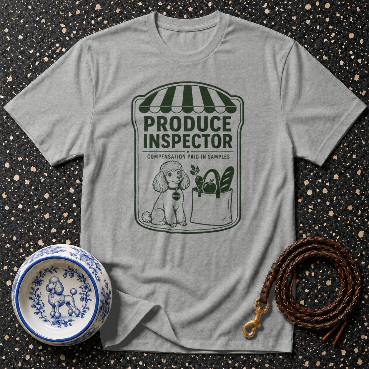 Grey t-shirt with a green graphic of a poodle and produce titled "PRODUCE INSPECTOR".