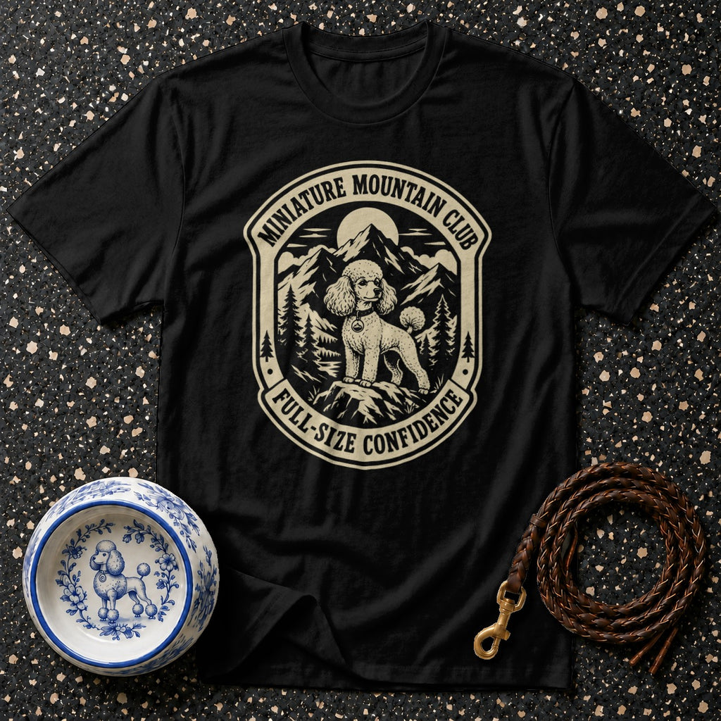 Black t-shirt with "Miniature Mountain Club" and poodle graphic.