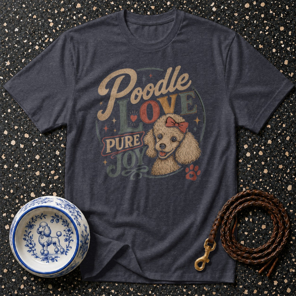 Dark gray t-shirt with a graphic of a poodle and the words "Poodle LOVE PURE JOY."