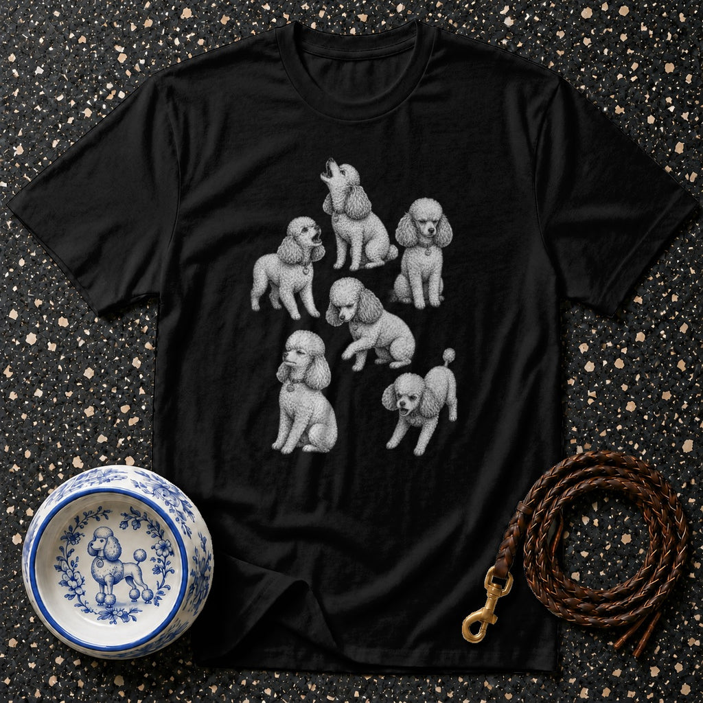 Black t-shirt with a charcoal sketch of six poodles in various poses.