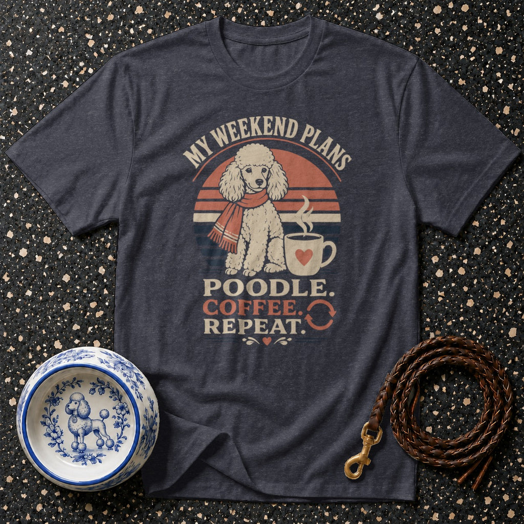 Dark blue t-shirt with poodle, coffee, and text "My Weekend Plans Poodle. Coffee. Repeat."