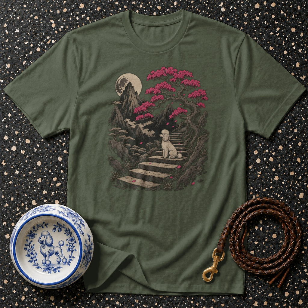 Green t-shirt featuring a poodle sitting on stairs under a cherry blossom tree.