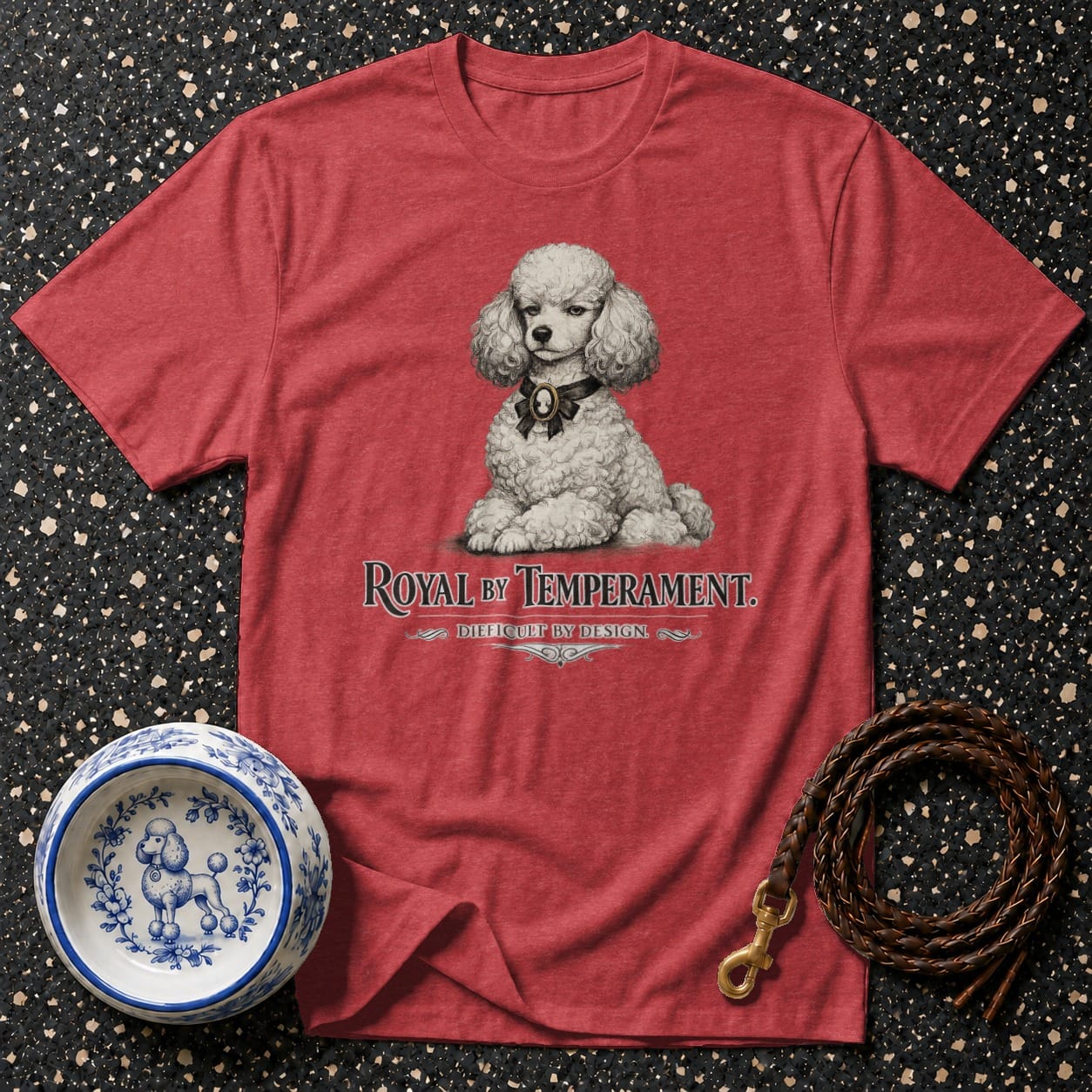 Red t-shirt with poodle graphic and text "ROYAL BY TEMPERAMENT."