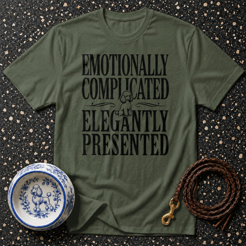 Green t-shirt with "Emotionally Complicated Elegantly Presented" text and poodle graphic.