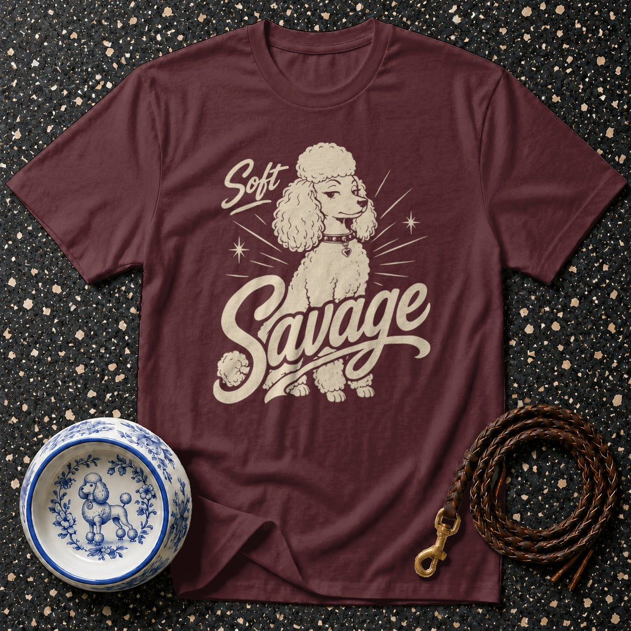 Maroon t-shirt with "Soft Savage" text and a poodle graphic.