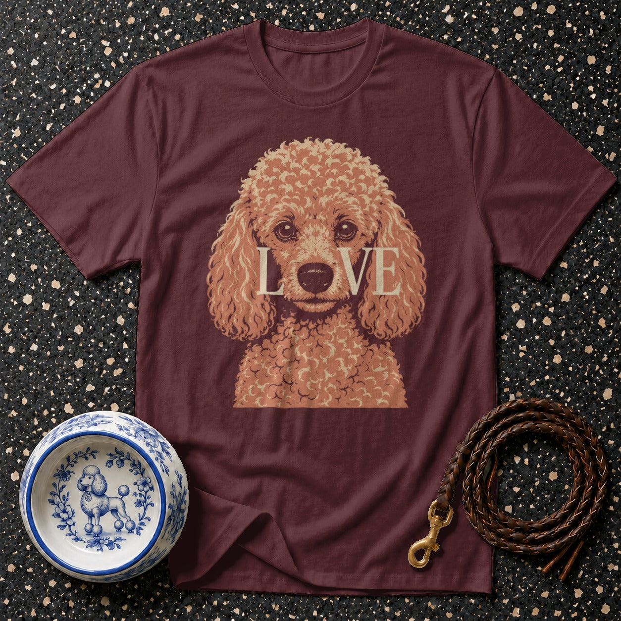 Maroon t-shirt with a tan poodle graphic and "LOVE" text.