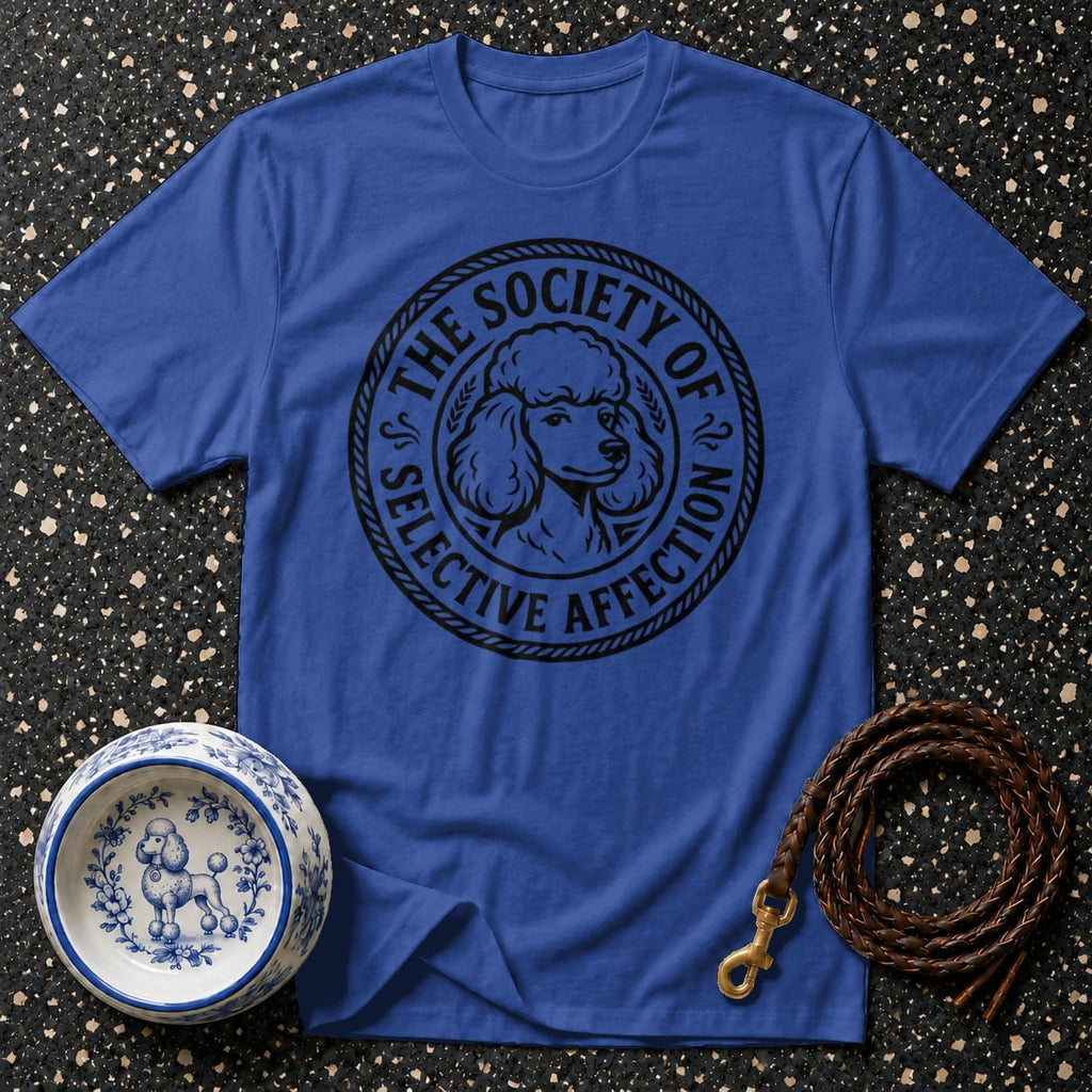 Blue t-shirt with a circular black graphic of a poodle and text reading "The Society of Selective Affection".