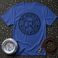 Blue t-shirt with a circular black graphic of a poodle and text reading "The Society of Selective Affection".