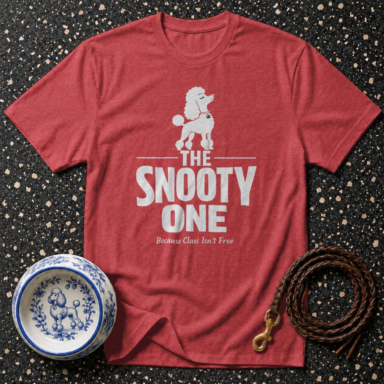 Red t-shirt with white text and poodle graphic: "The Snooty One."