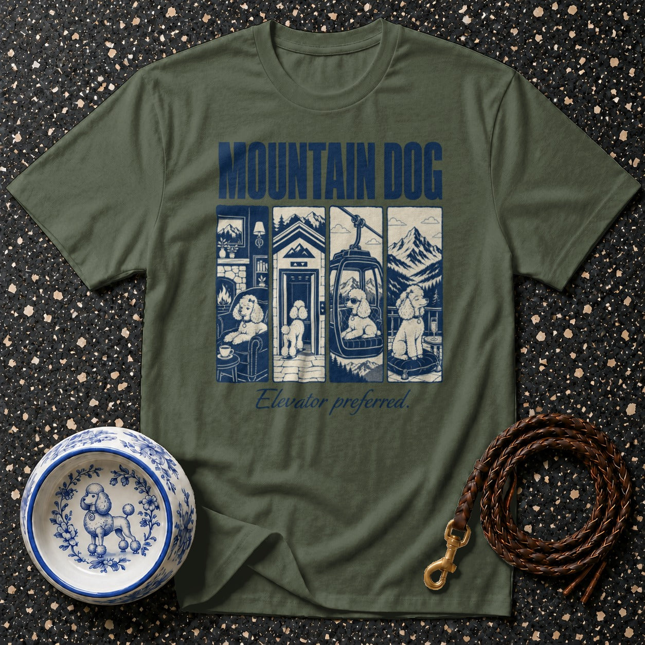 Green t-shirt with "Mountain Dog" text and four panels showing poodles in different mountain scenarios.