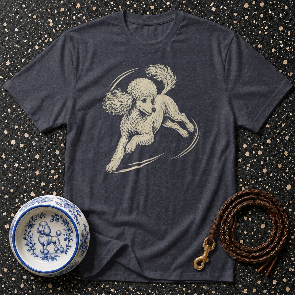 Dark t-shirt with cream poodle graphic, dog bowl, and braided leash.