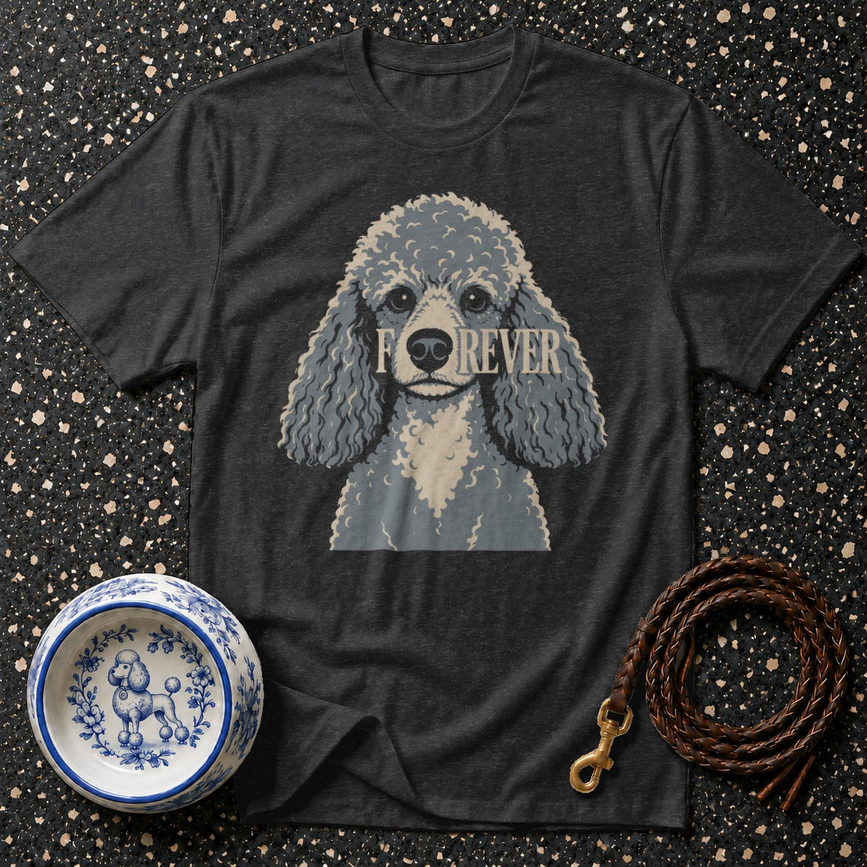 Dark t-shirt with a grey poodle graphic and "FOREVER" text.