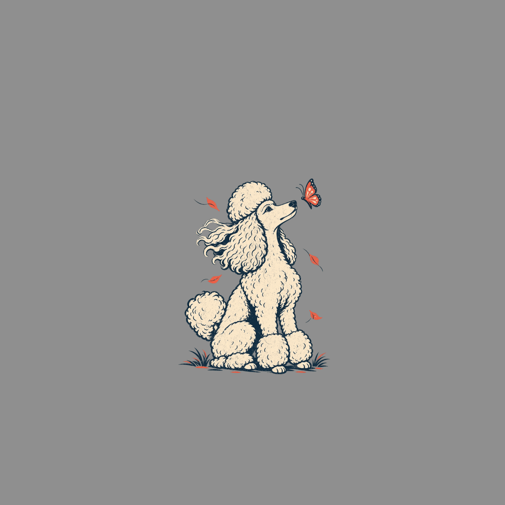 Cream poodle sitting with an orange butterfly flying above.