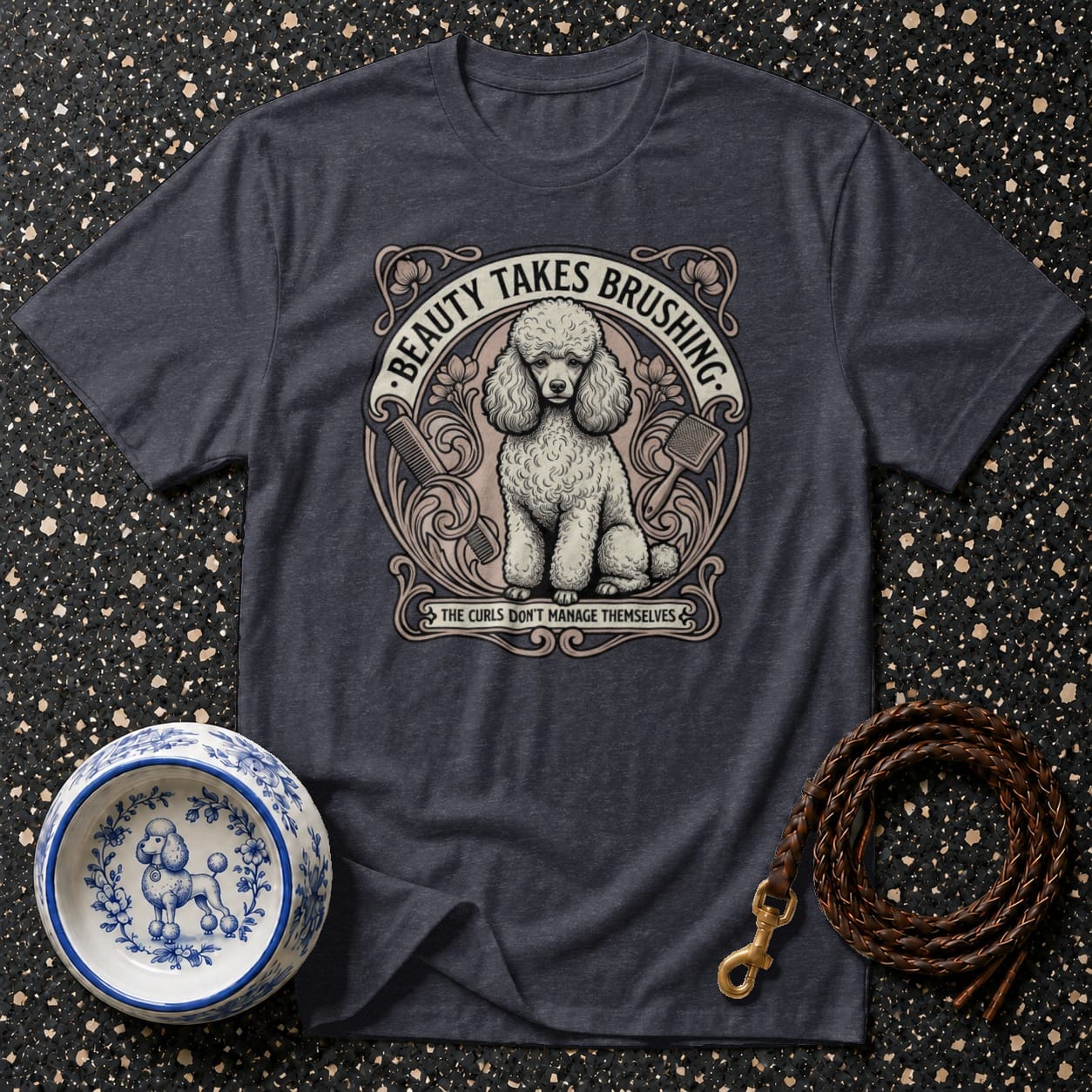 Poodle graphic t-shirt displaying "Beauty Takes Brushing" and "The Curls Don't Manage Themselves."