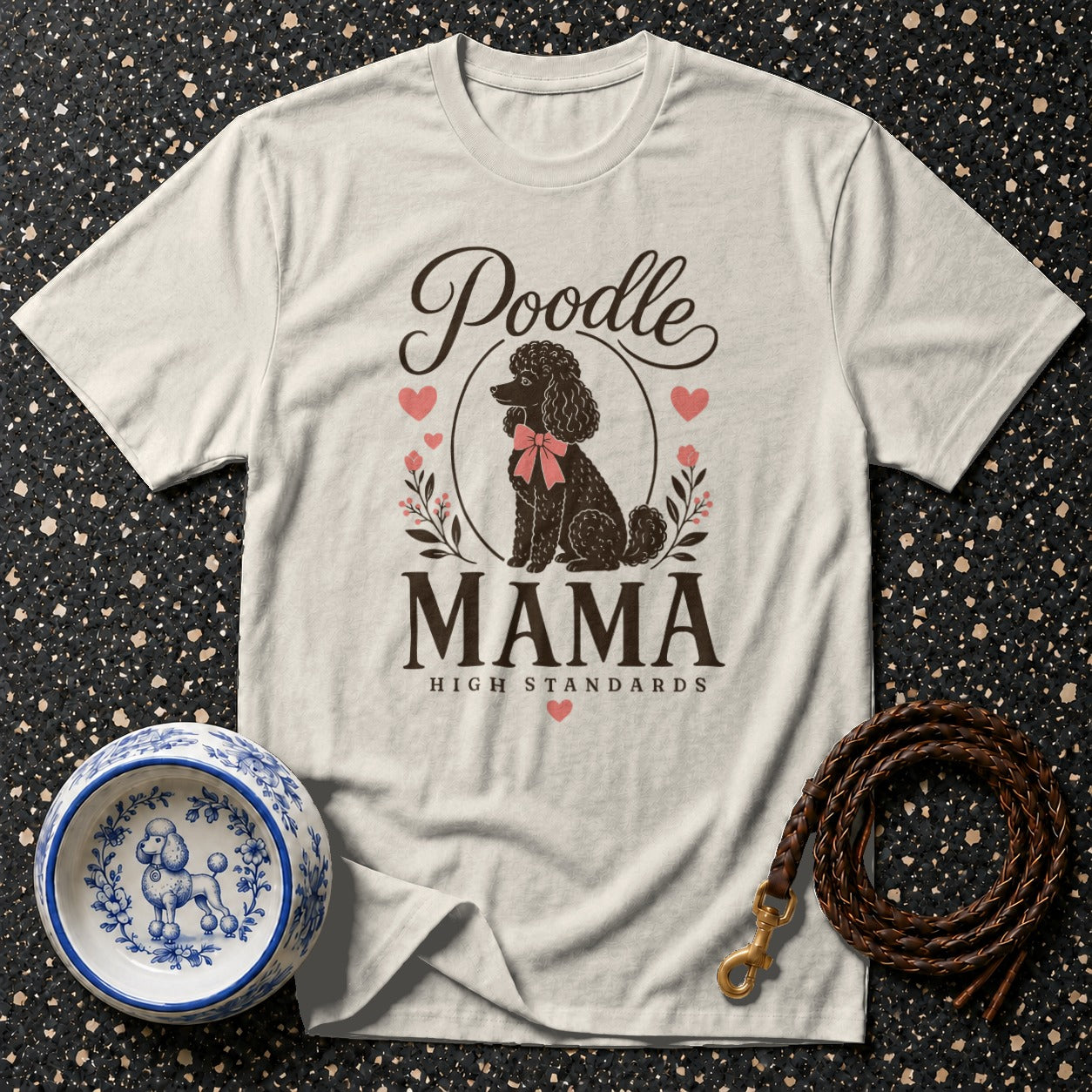 T-shirt with "Poodle Mama High Standards" text and a poodle graphic.