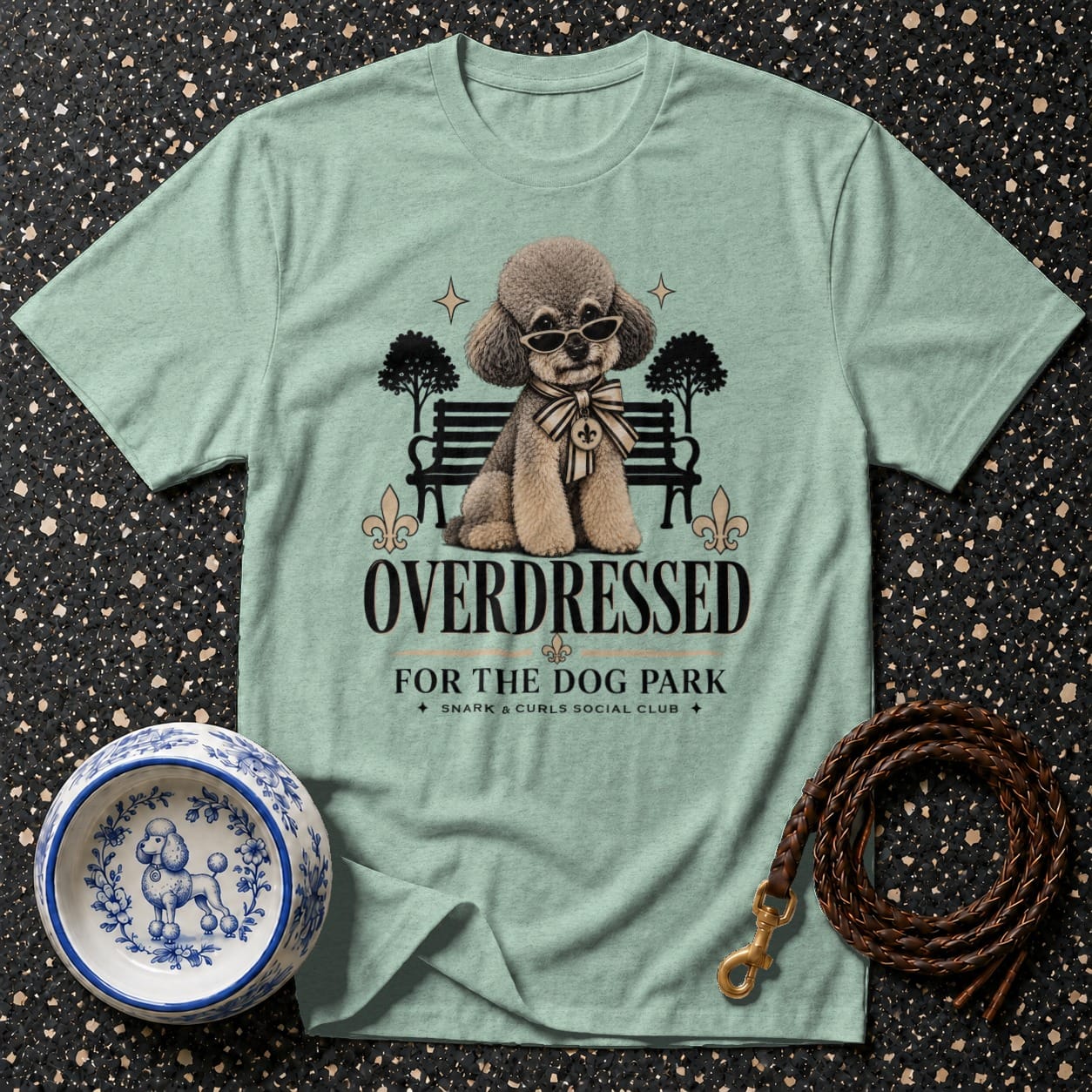 Light green t-shirt for dogs with "OVERDRESSED FOR THE DOG PARK" text.