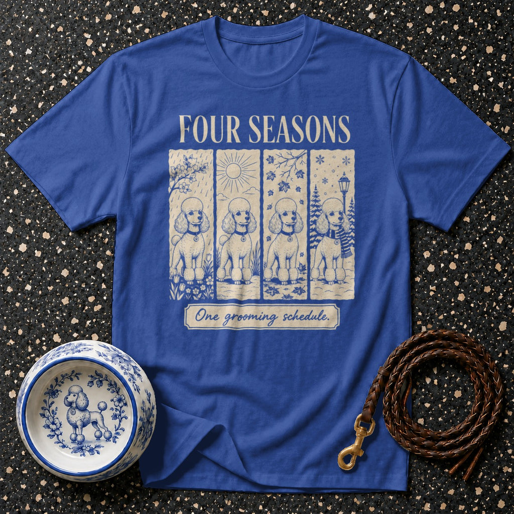 Blue t-shirt with "Four Seasons" and four poodles, one for each season.