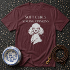 Maroon t-shirt with white poodle graphic and "Soft Curls Strong Opinions" text.