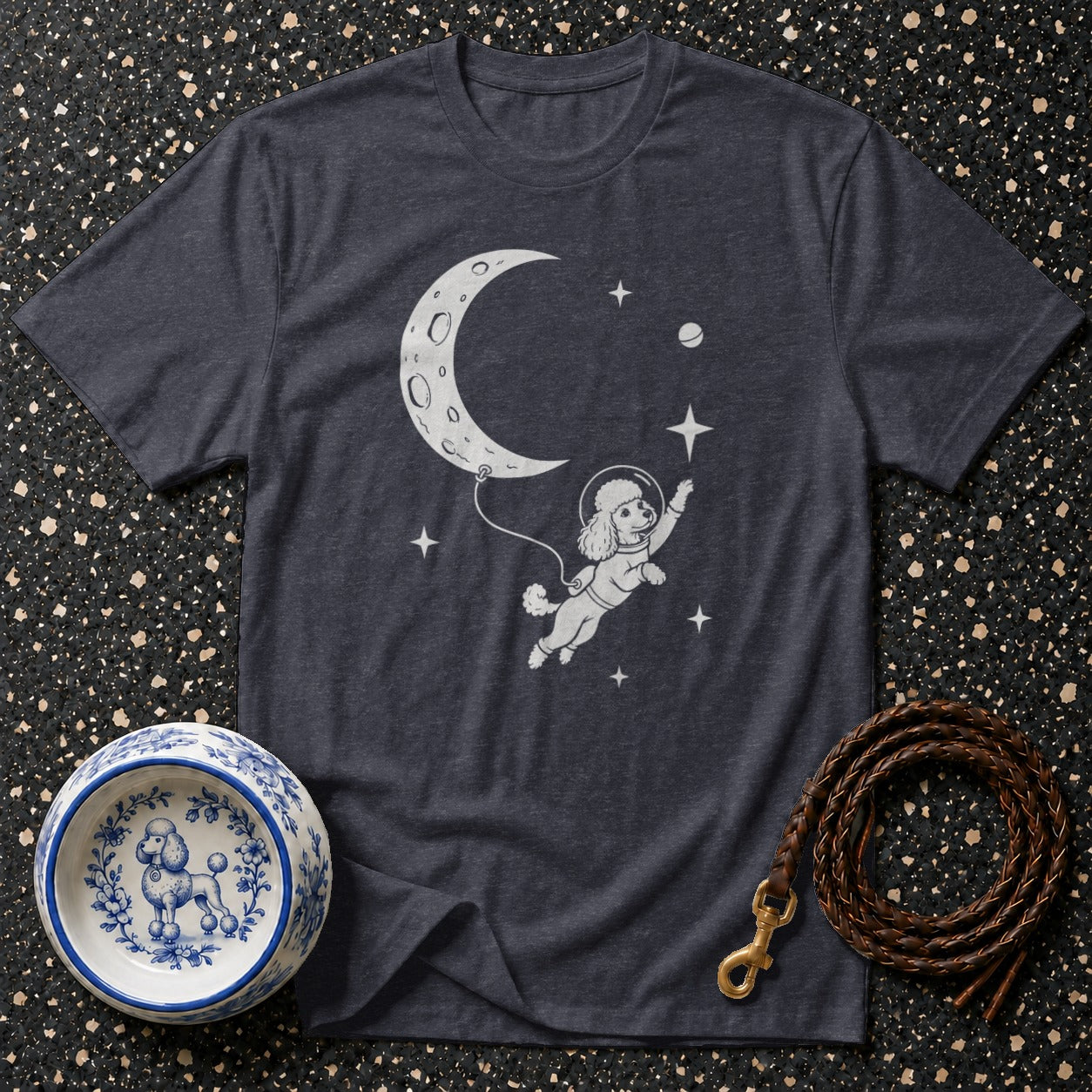 T-shirt with poodle astronaut floating near moon and stars