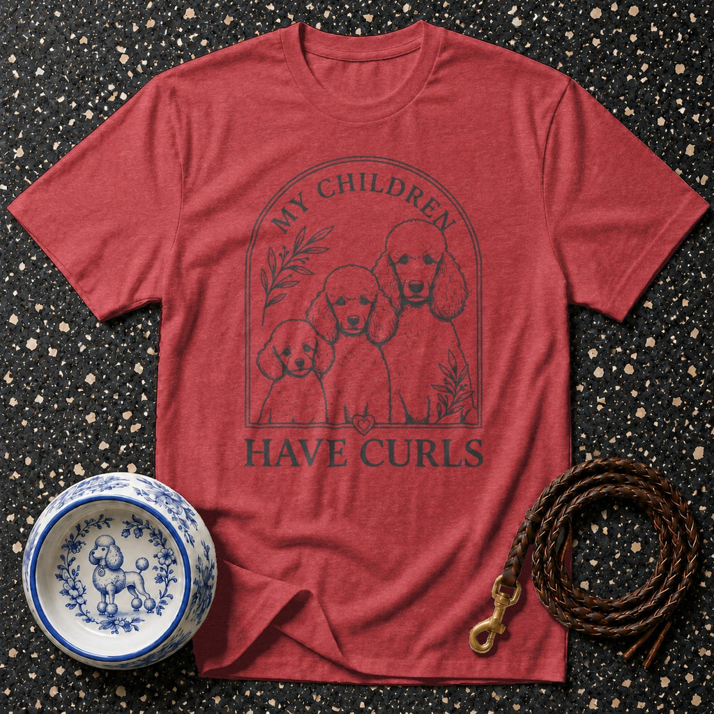 Red t-shirt with poodles and text "MY CHILDREN HAVE CURLS".