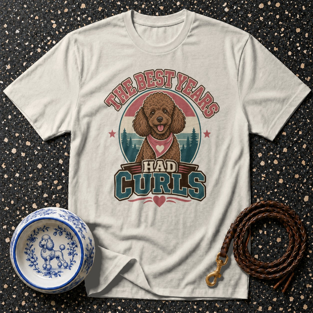 T-shirt with poodle illustration and text "The best years had curls"