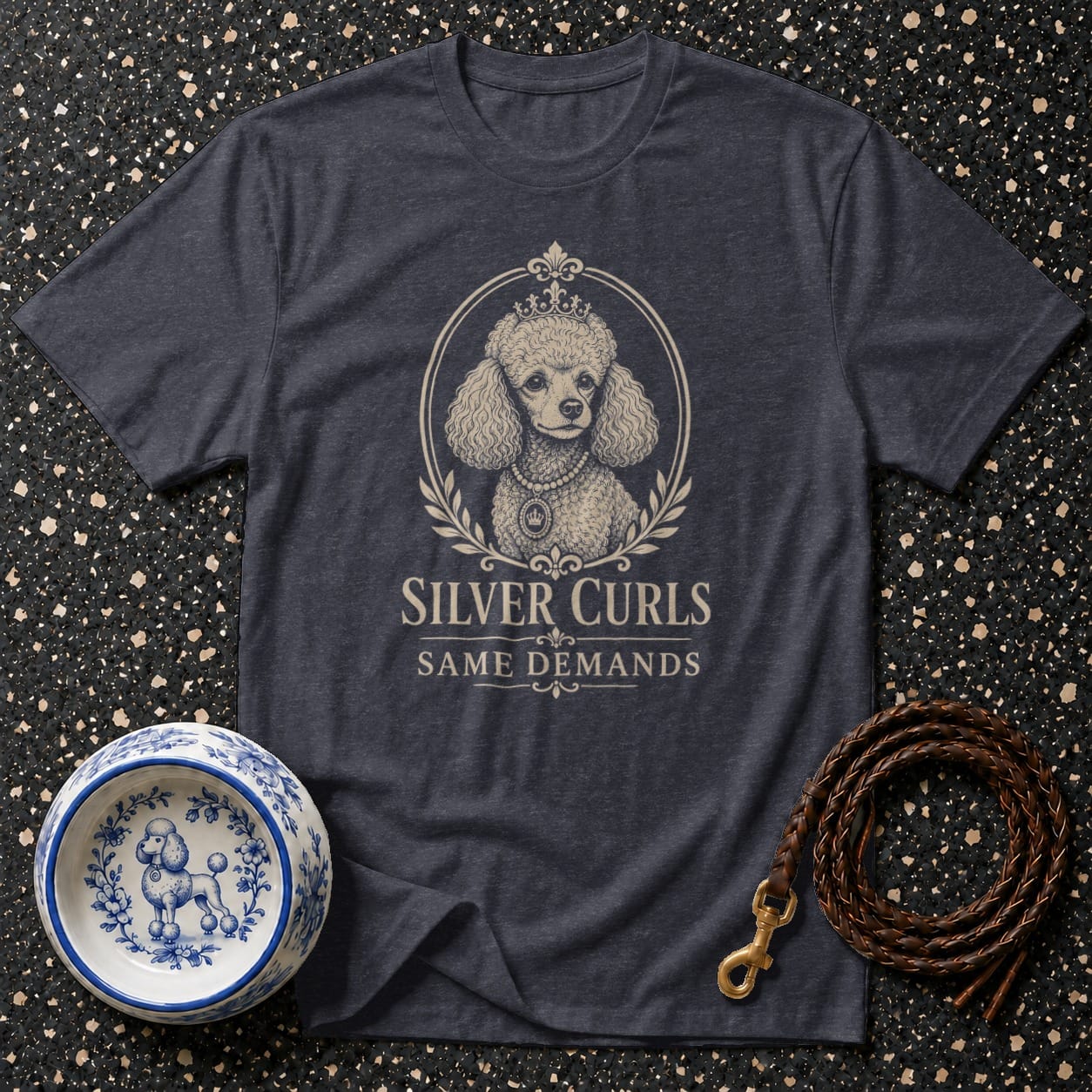 Dark grey t-shirt with "SILVER CURLS SAME DEMANDS" text and poodle graphic.