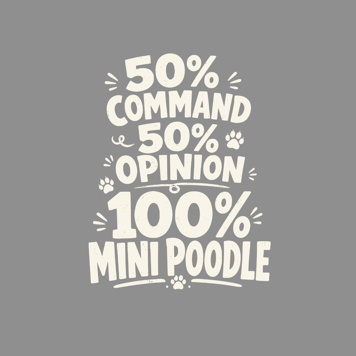 50% command, 50% opinion, 100% mini poodle text with paw prints.