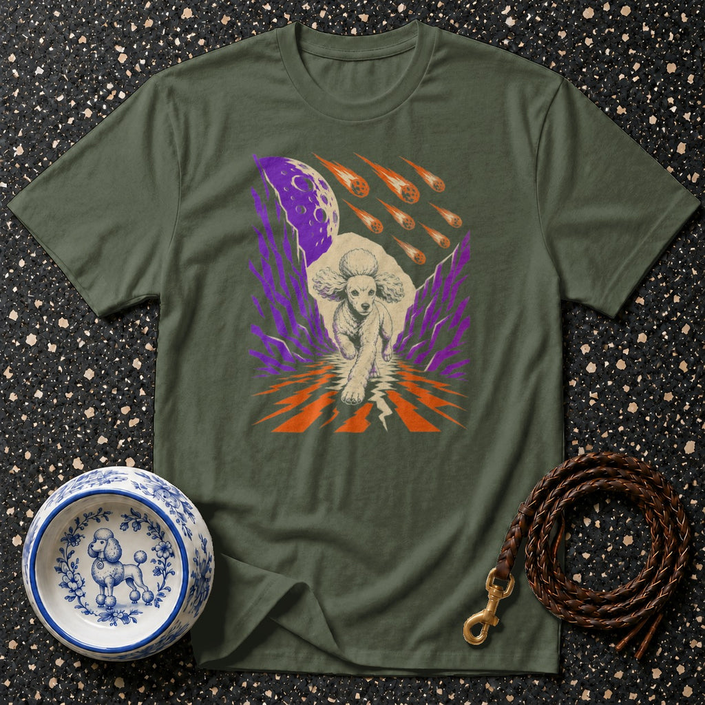 Green t-shirt with graphic of a poodle running through a meteor shower.