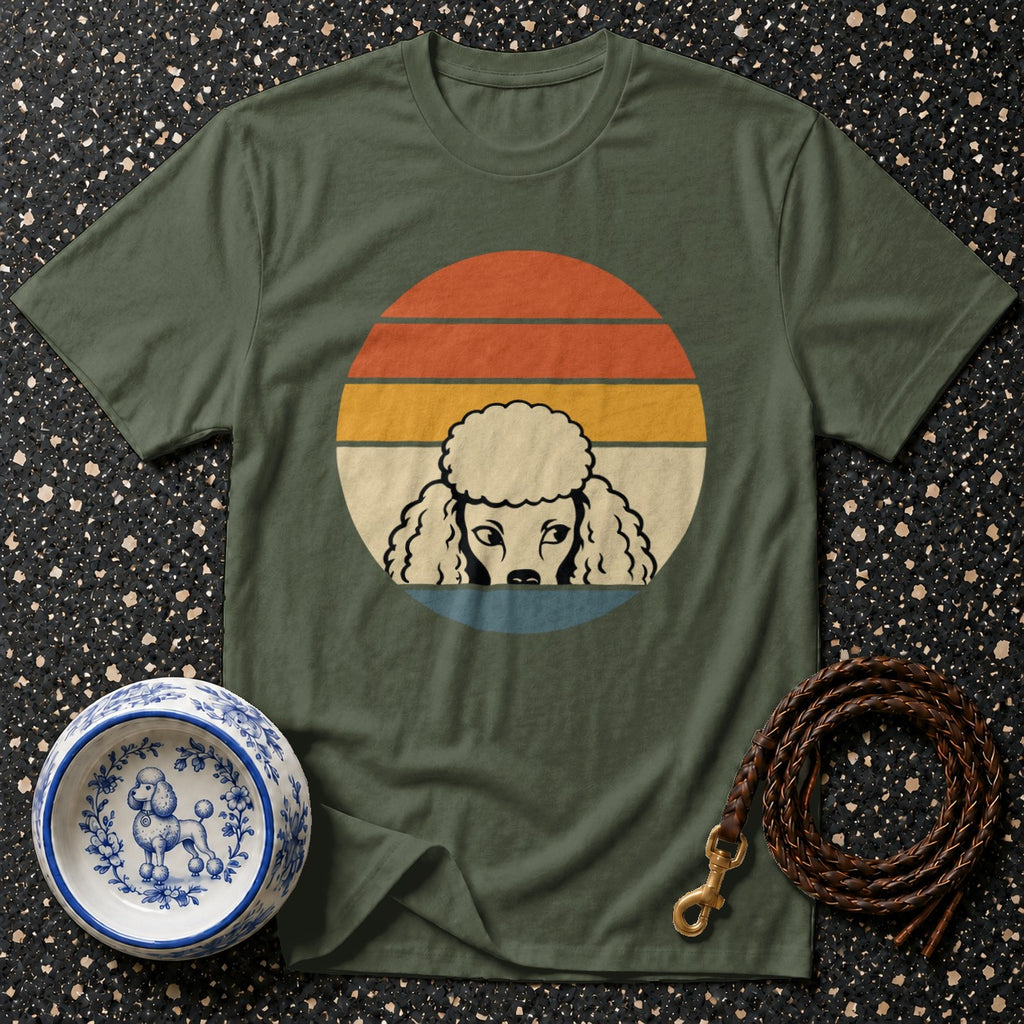 Green t-shirt with vintage poodle graphic, dog bowl, and leash.
