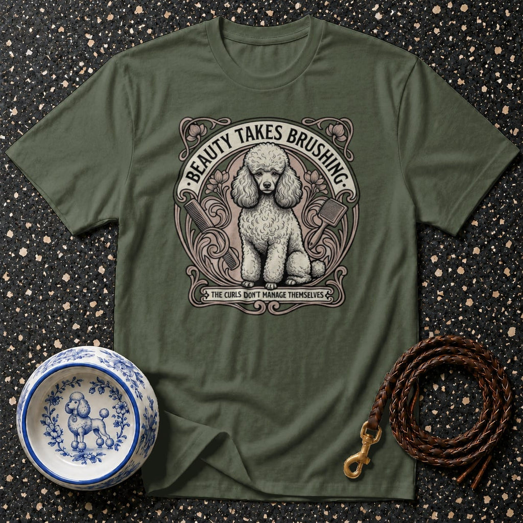 Olive green t-shirt with a poodle graphic and text.