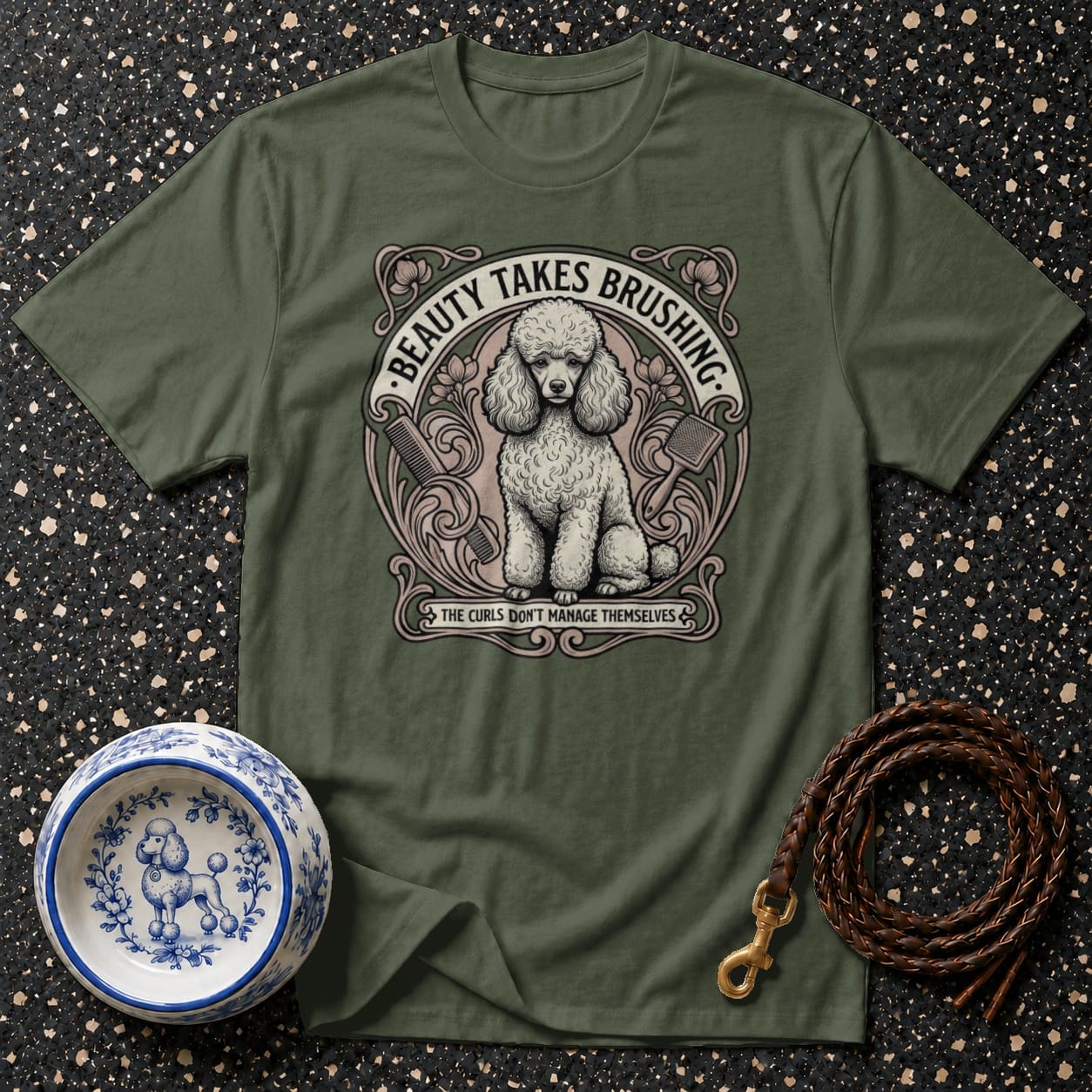 Olive green t-shirt with a poodle graphic and text.