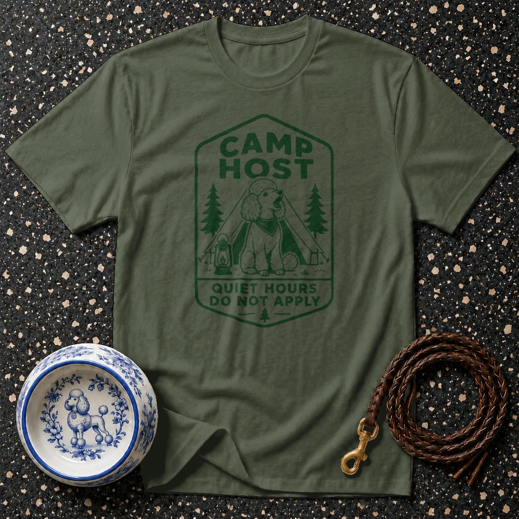 Green t-shirt with a camping scene and text "CAMP HOST QUIET HOURS DO NOT APPLY".
