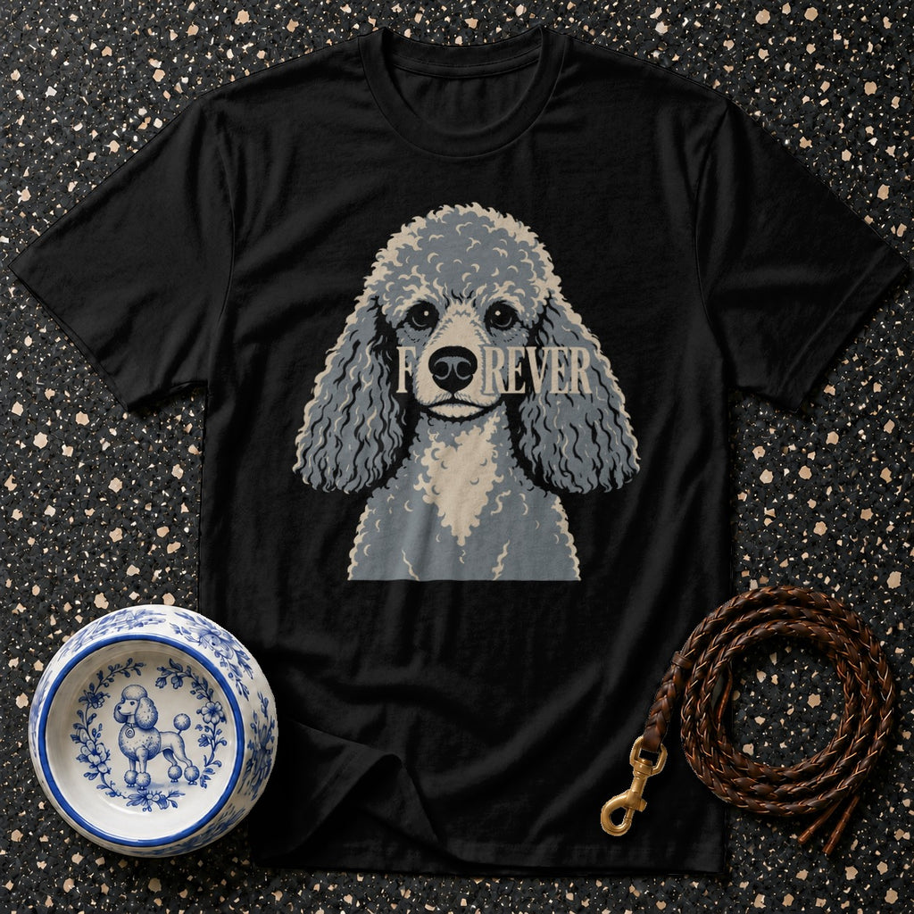 Black t-shirt with a gray poodle graphic and the word "FOREVER" across its chest.