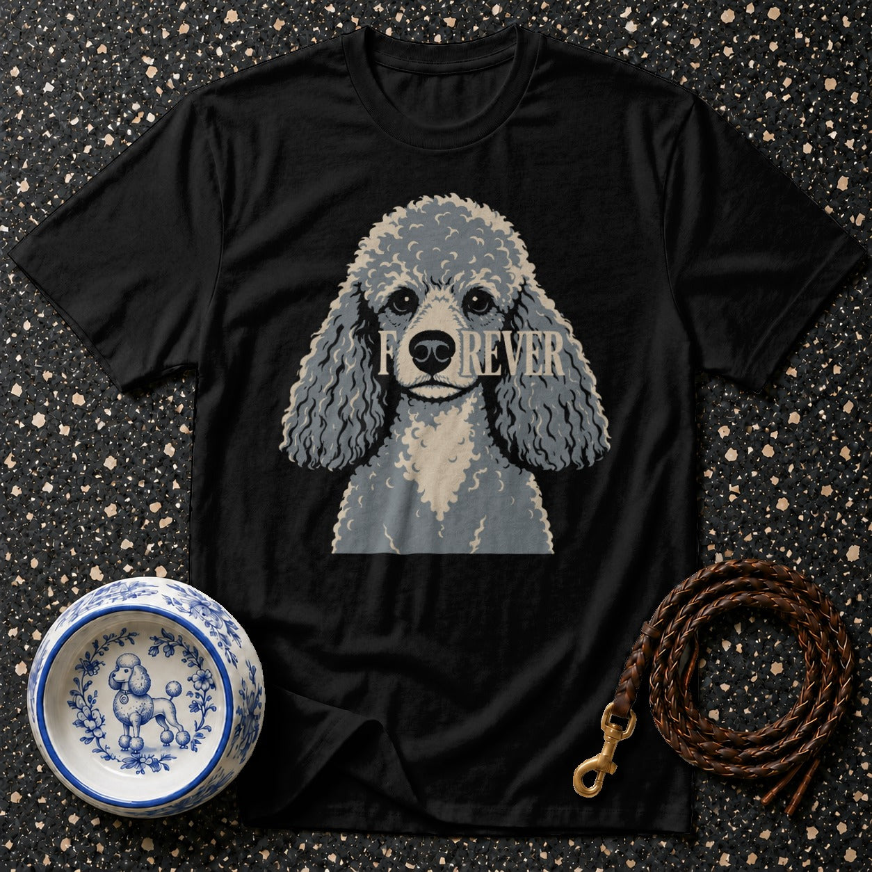 Black t-shirt with a gray poodle graphic and the word "FOREVER" across its chest.